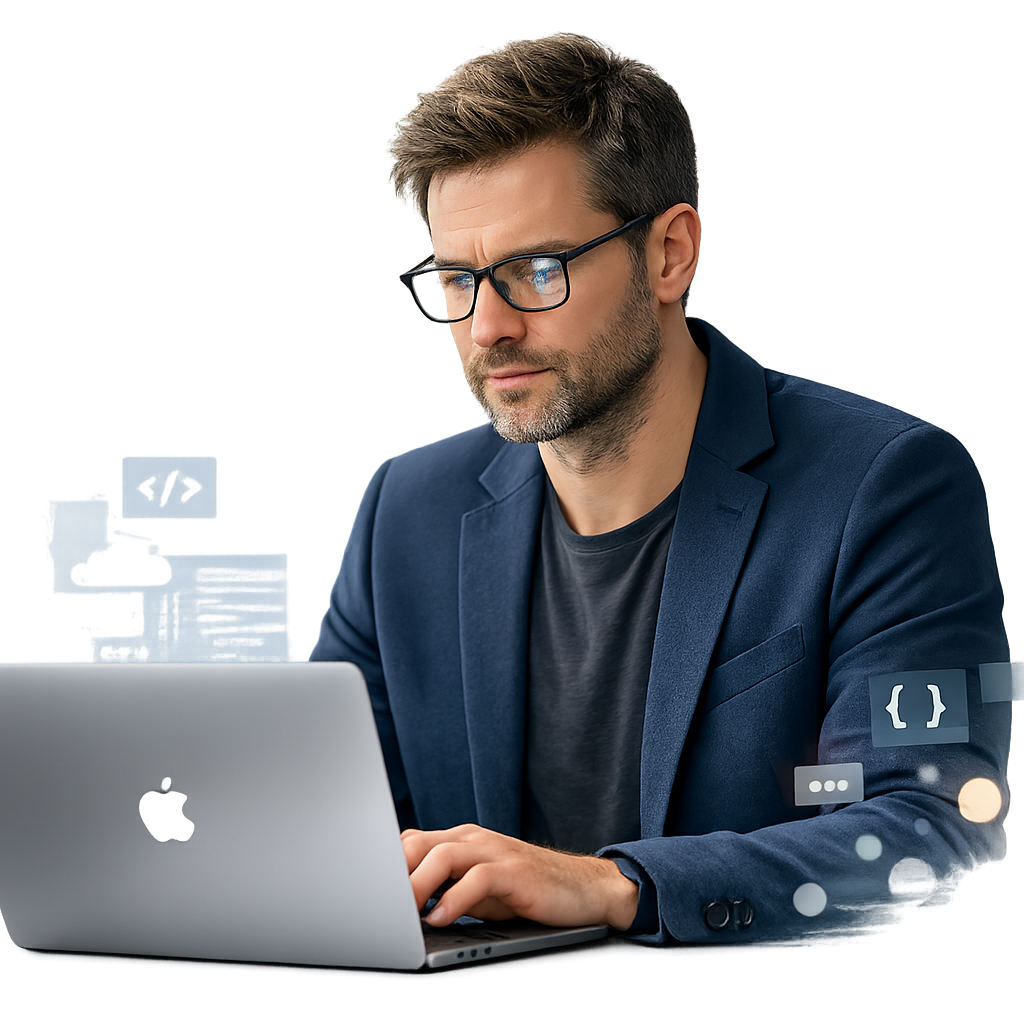 Ein heller Raum durchflutet von sanftem natrlichem Licht zeigt einen Softwareentwickler mit heller Haut der konzentriert auf seinem MacBook Pro arbeit Ein heller Raum durchflutet von sanftem natrlichem Licht zeigt einen Softwareentwickler mit heller Haut der konzentriert auf seinem MacBook Pro arbeit